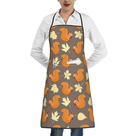 

Pofeuu Squirrel And Maple Leaves Print Aprons with Pockets Cute Aprons for Kitchen Cooking Server Barber Chef Apron