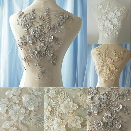 3D Flower Pearl Beaded Embroidery Lace Applique Patch for Ivory Wedding Dress Fabric