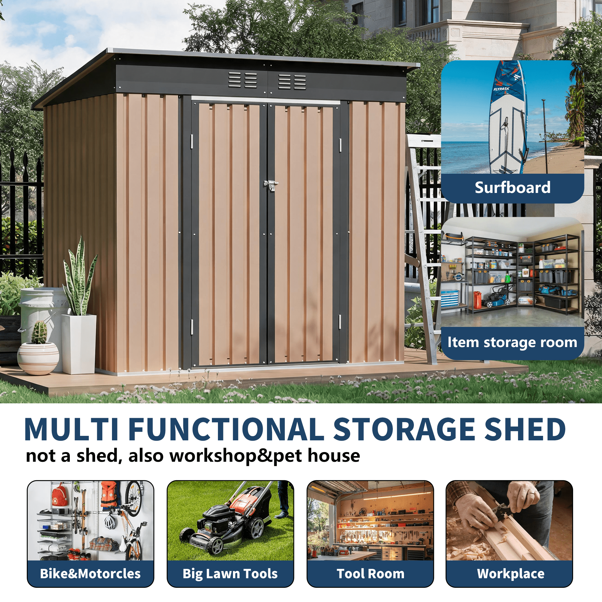 Outdoor 6x4-Foot Metal Garden Shed with Hinge Door and Pent Roof, Brown Storage Shed for Patio Backyard and Tool Organization