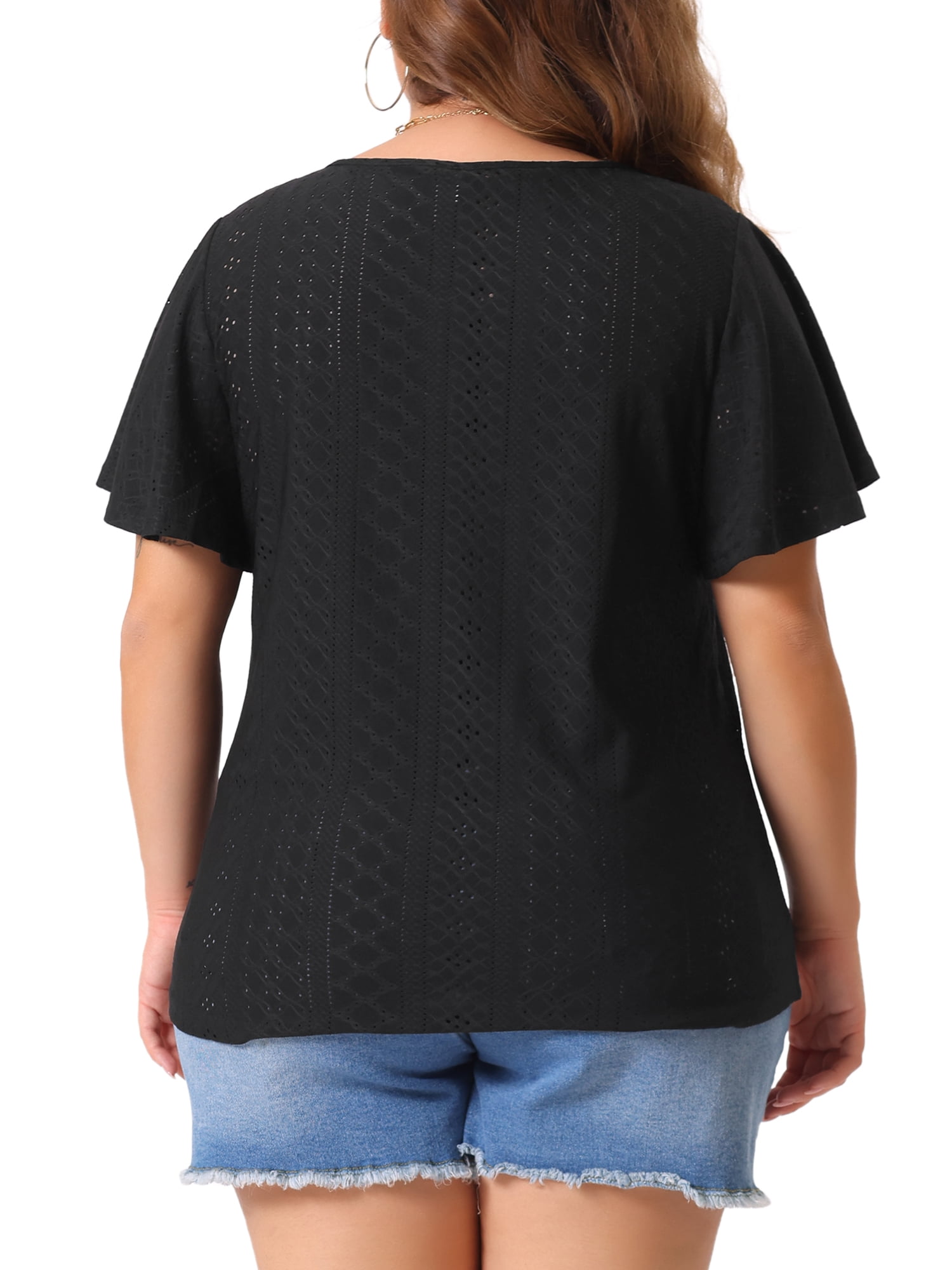 DARING DIVA Women's Plus Round Neck Hollow Flare Sleeve Casual Blouse 2X Black