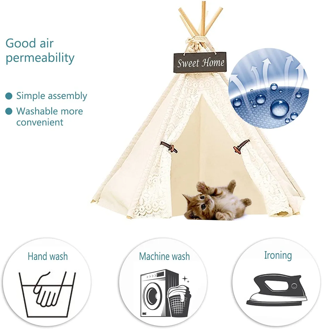 DEWEL Pet Teepee Tent, Portable Washable Play House for Dogs & Cats, Lace Style Pet Bed