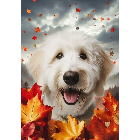 Goldendoodle White - Best of Breed Fall Leaves Outdoor Garden Flag 12" x 17" Mailbox Flag Dog Flag