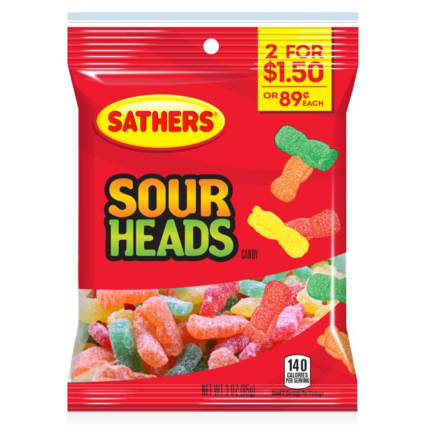 Sathers Sour Heads Gummy Candy, 3 Ounce Bag
