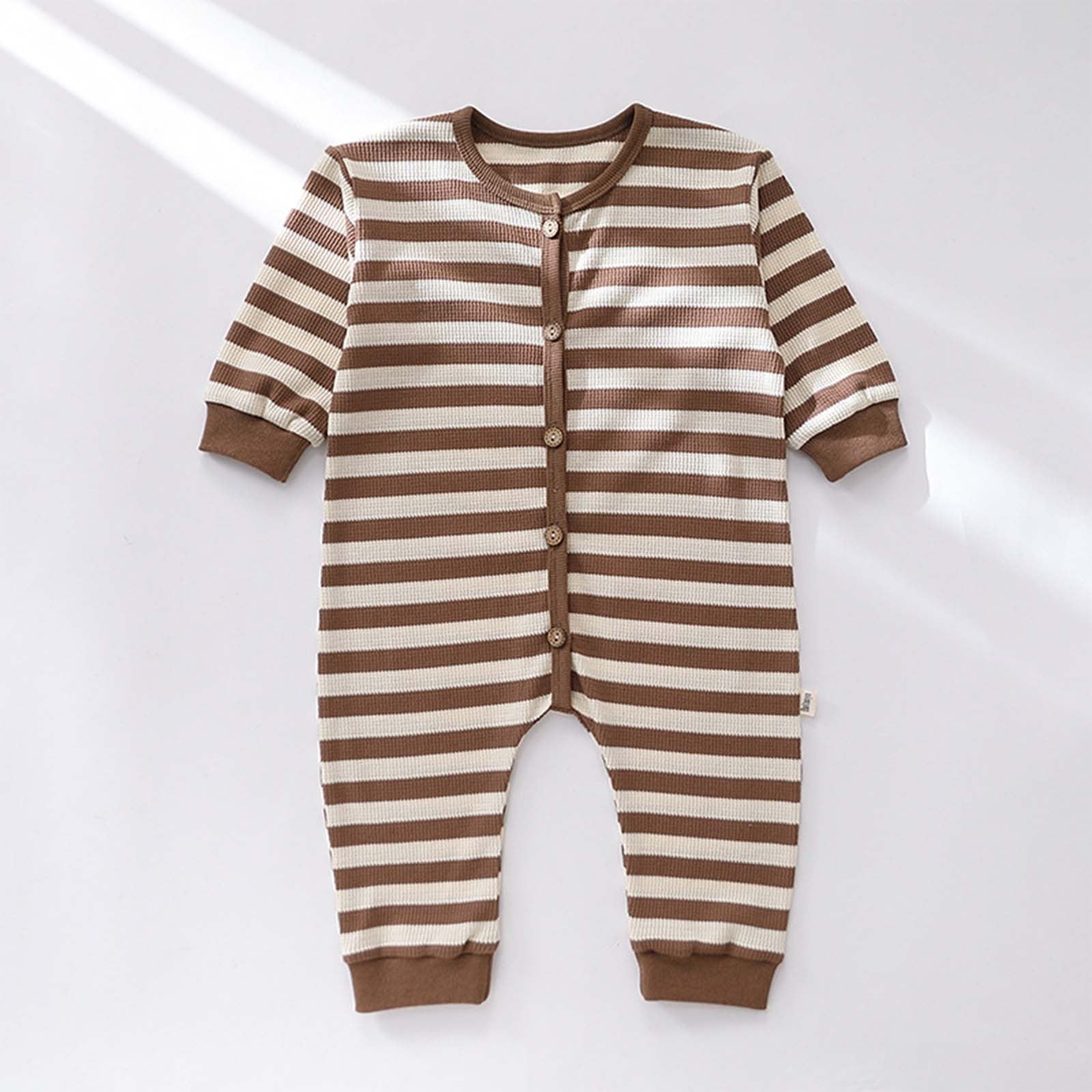 REORIAFEE Baby Boy White Romper Long Sleeve Onesies Round Neck Cotton Rompers Front Botton Jumpsuit Bodysuits Stripe Overall Size 73 Brown