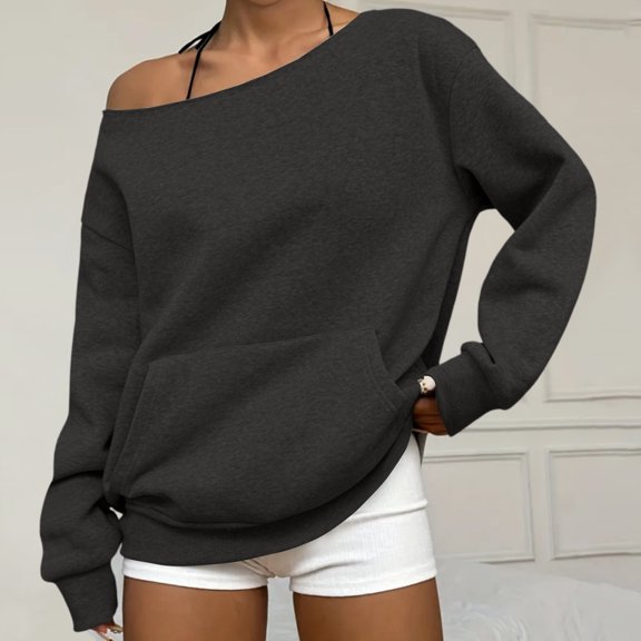 Drmagiyhm Womens Off The Shoulder Tops Long Sleeve Sexy Sweatshirts Fall Cute Slouchy Sweater Pullover Top Dark Gray XL
