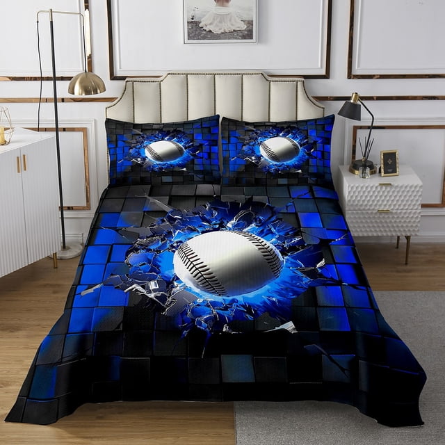 Erosebridal Baseball Quilt Sets for Queen Size Bed,Gradient Geometric Bed Set,Blue Black