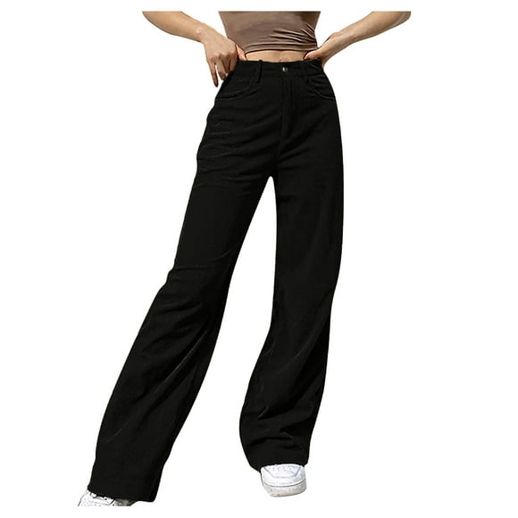 Aocisk Women’s Pants Casual Wide Mid Trousers Waisted Straight Baggy Leg Solid Women's Jeans for Versatile Wear for Women with Solid Color Black M