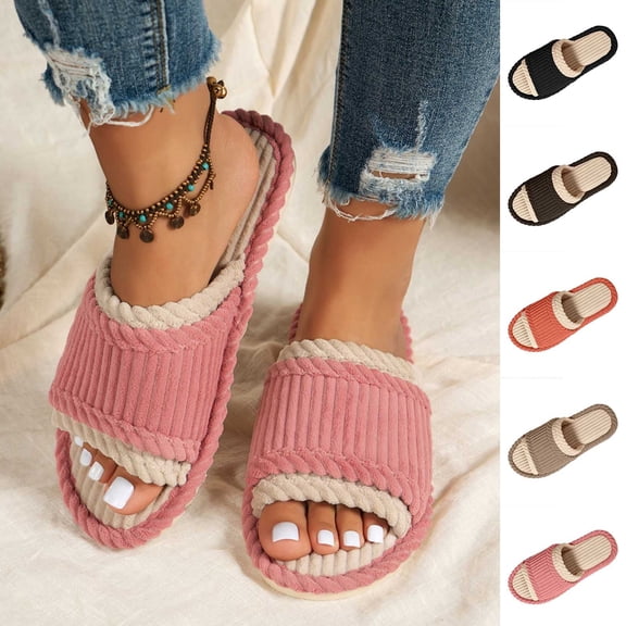 Tqyyweavej Terry Cloth Open Toe Slippers for Women Memory Foam Slip On House Slippers Color Block Comfy Corduroy Indoor Outdoor Shoes