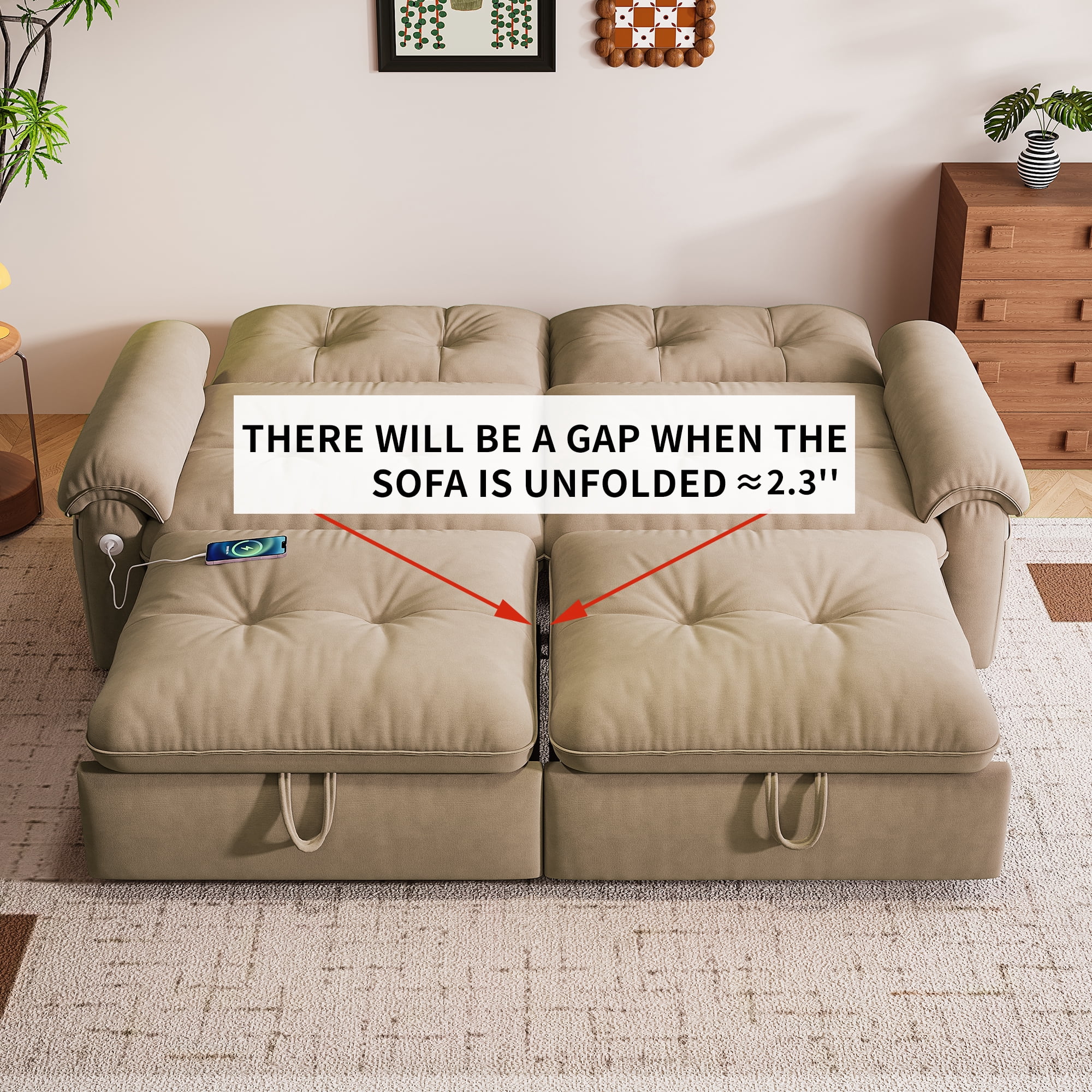 Kosynda 77"W Pull Out Couch with USB, 3 in 1 Convertible Sofa Bed with Storage Pockets, Folding Loveseat Sleeper Sofa for Living Room, Bedroom, Office, Small Space, Light Brown