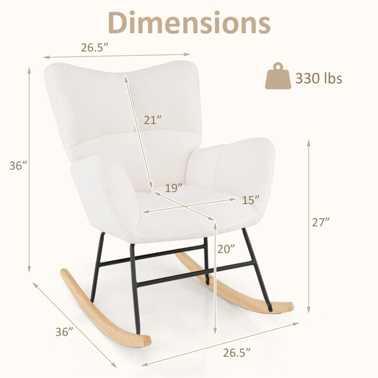 Furnibear Nursery Rocking Chair with Cozy Teddy Fleece Upholstery Wide Backrest Padded Armrests and Anti-Rollover Base for Nursery Room, Beige