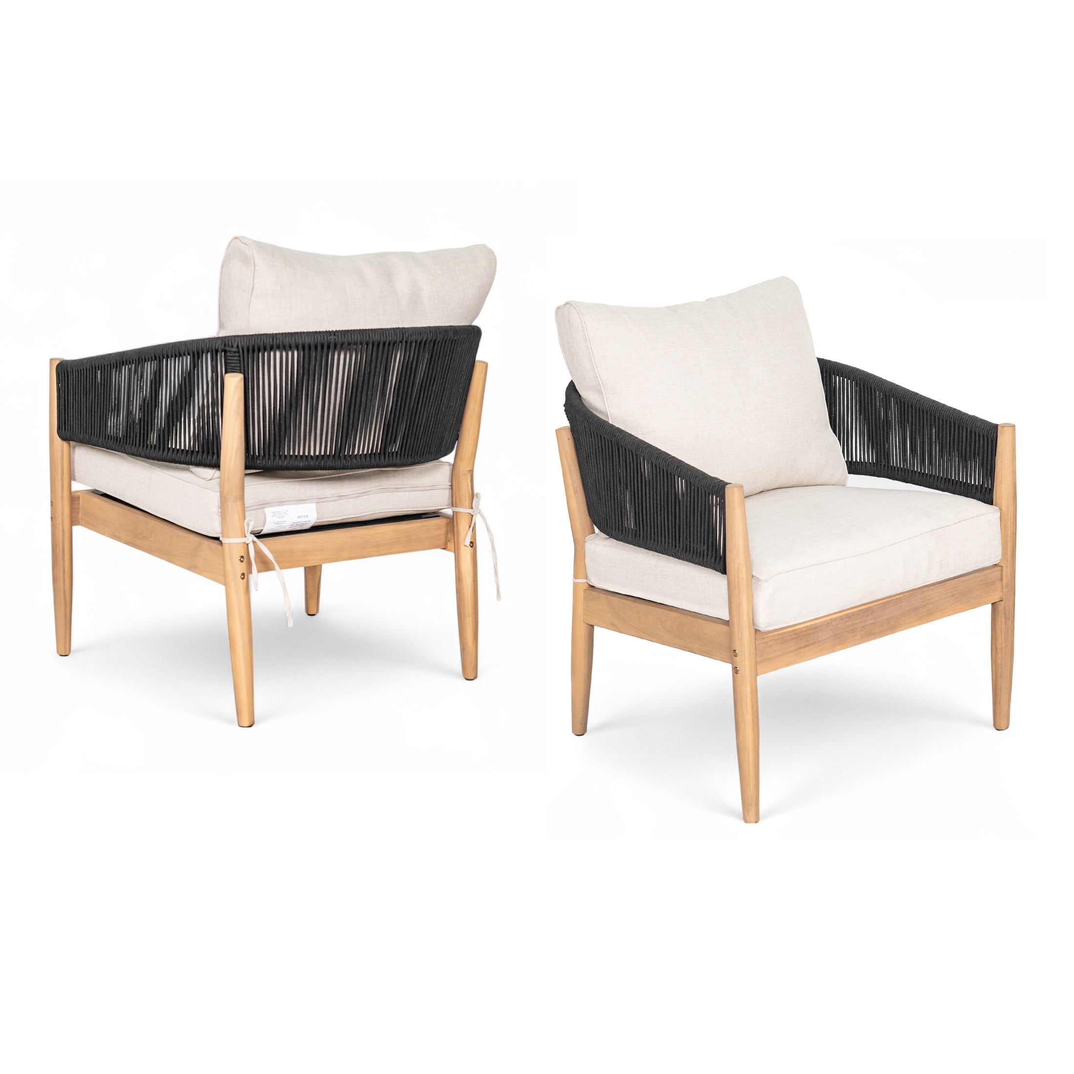 Christopher Knight Home Outdoor Patio Club Chairs, Wood Frame with Cushion and Black Rope, Set of 2