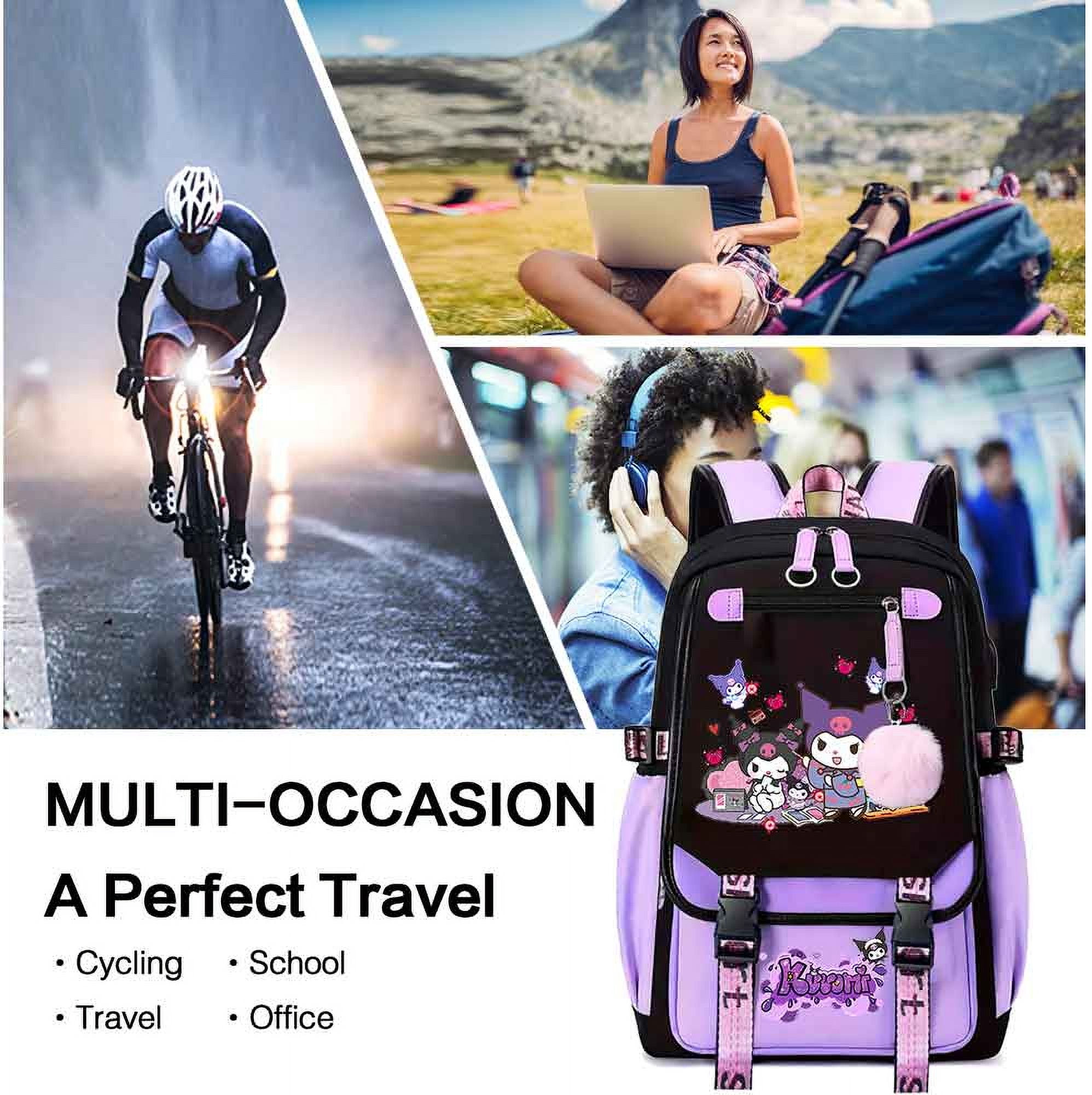 Sanrio Kuromi Backpack with Exquisite Pendant, Middle School Laptop Backpack Student Cute Schoolbag Casual Backpack Travel Backpack, Black Purple
