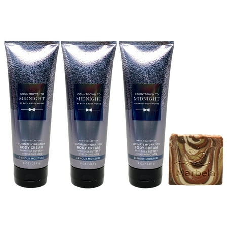 Bath & Body Works Men's Collection Countdown to Midnight 3 Pack Body Cream Bundle with a Clay Baby Bar Soap - Full Size