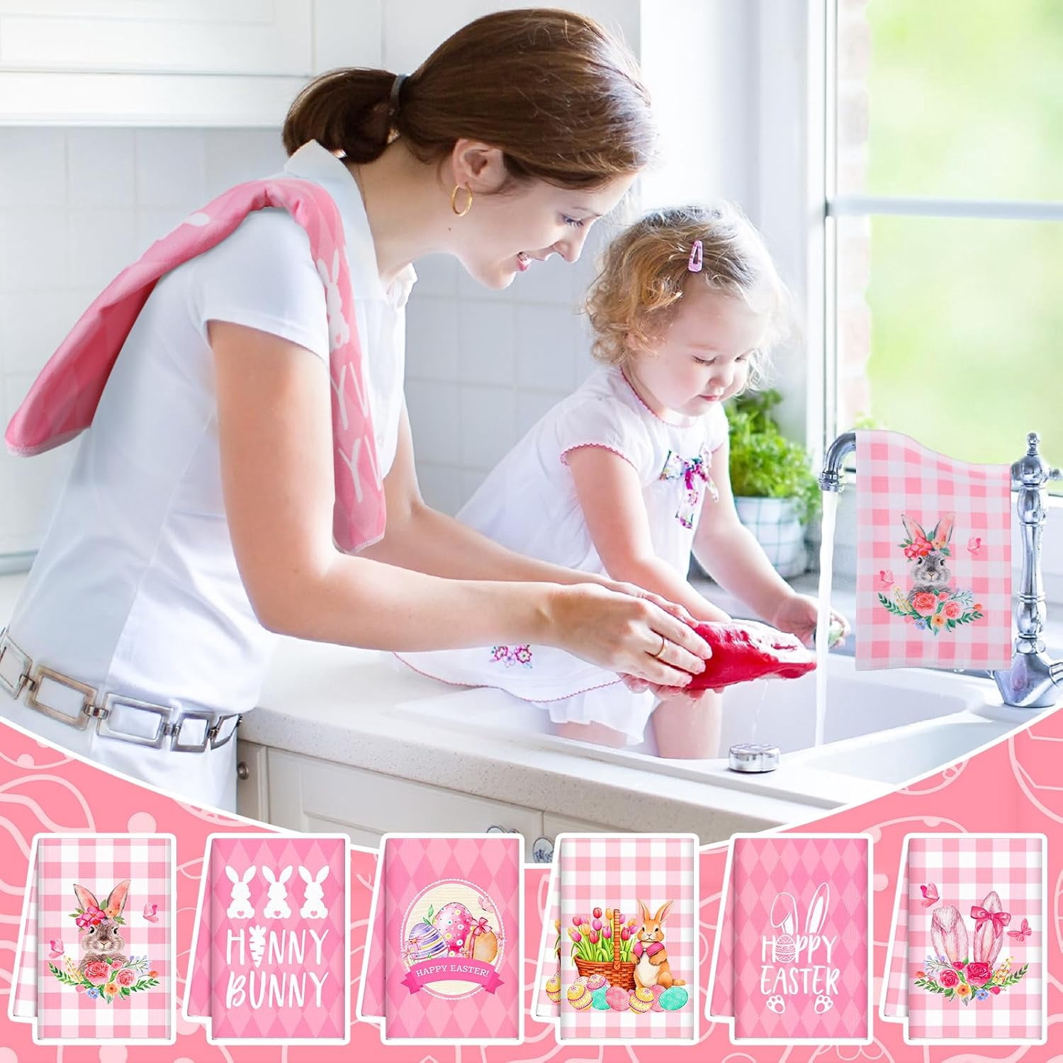 6 Pcs Easter Kitchen Towels Pink Bunny Dish Cotton Buffalo Plaid Happy Easter Hand Rabbits Spring Flowers Eggs Tea Towels for Bathroom Home Housewarming Gift