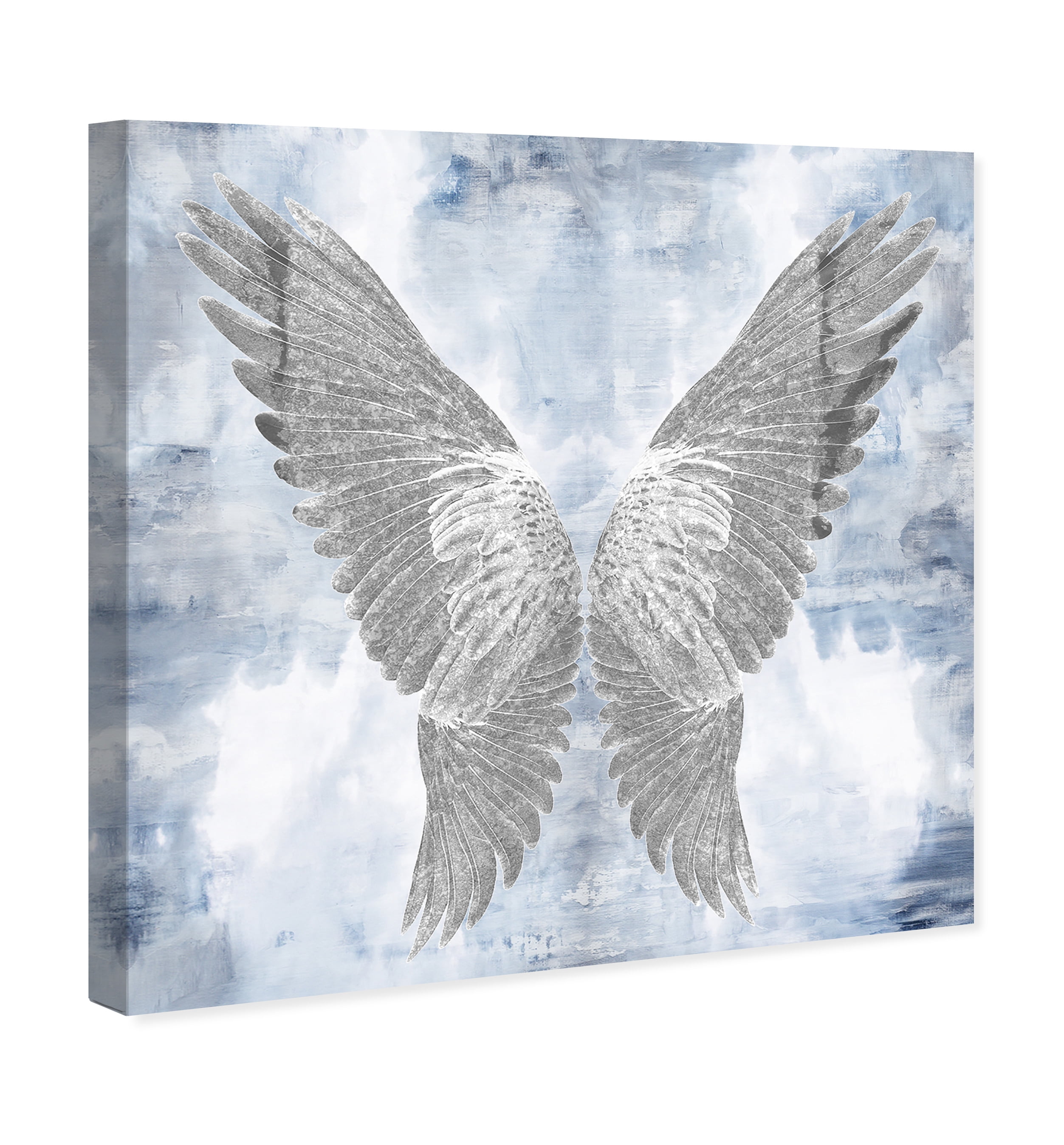 Wynwood Studio Fashion and Glam Modern Canvas Art - Silver Wings On Blue And White Background, Wall Art for Living Room, Bedroom, and Bathroom, 12 in x 12, Home Decor