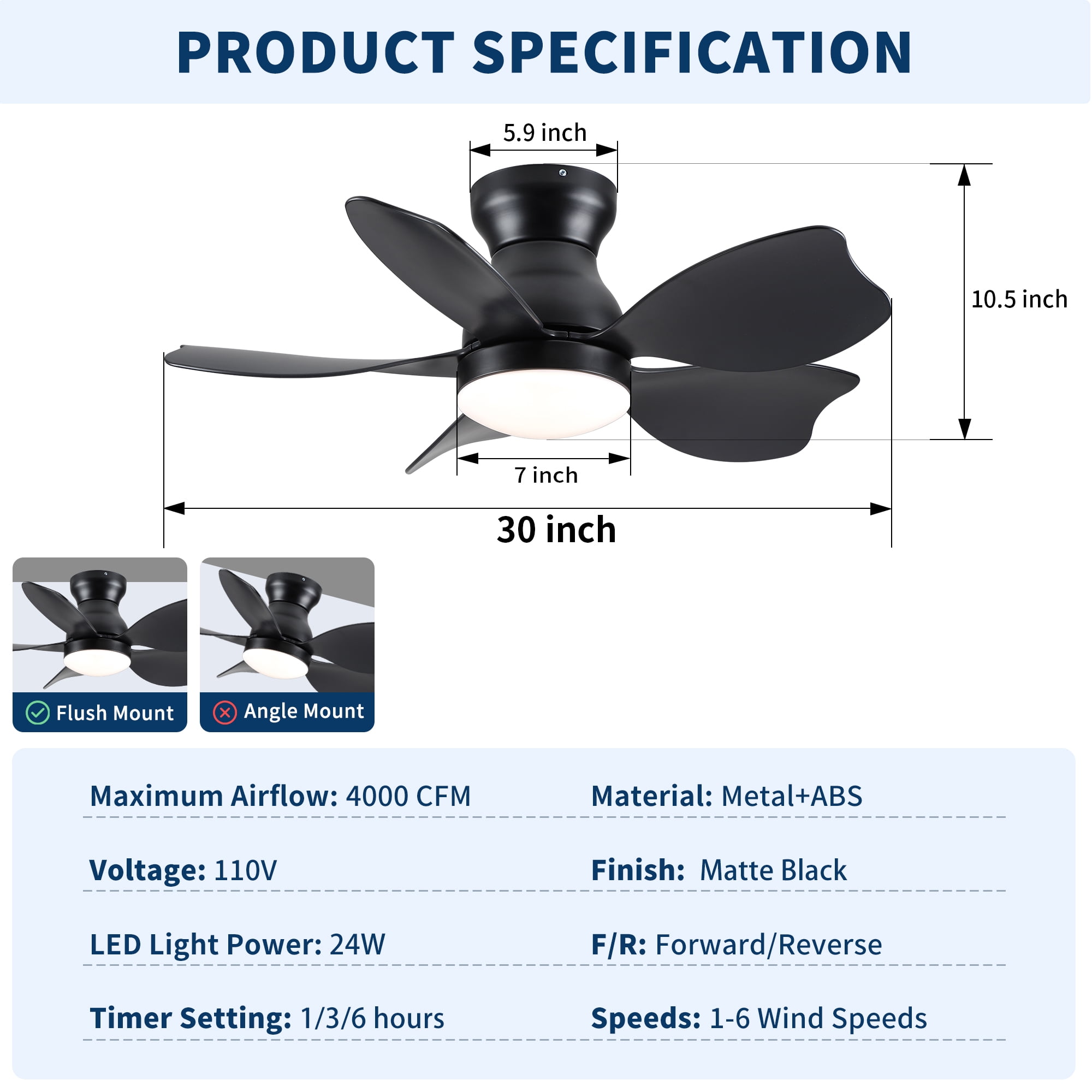30 inch Flush Mount Ceiling Fan with Light, Modern Black DC Motor Remote Control
