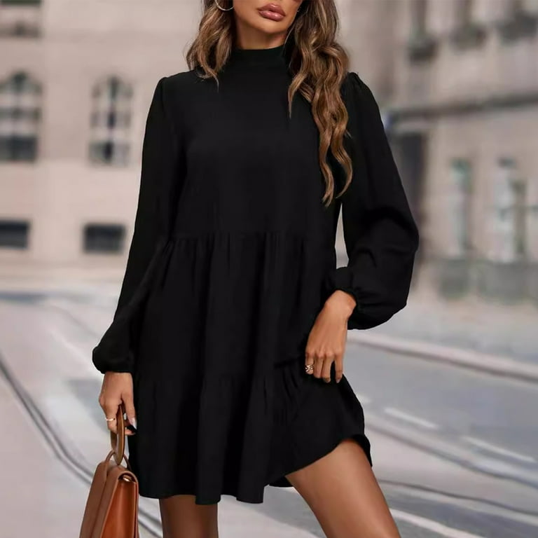 Vrtige Women's Babydoll Dress - Long Sleeve Tiered Ruffle Mini Dress With Swing Hem