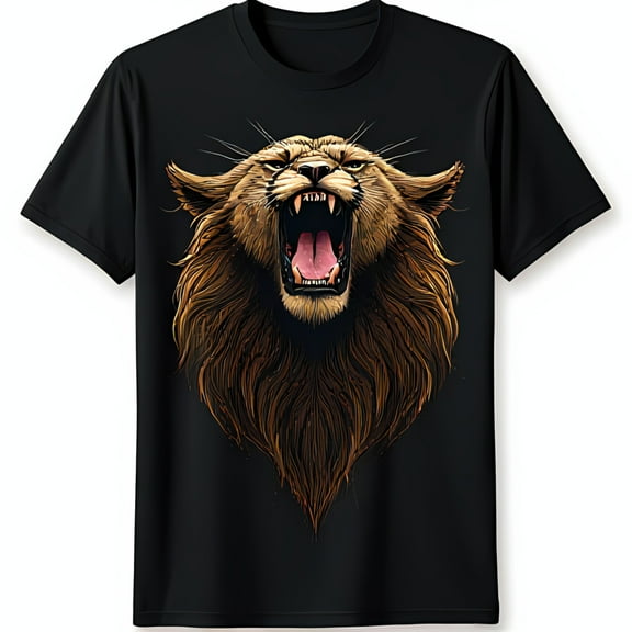 Bold Lion Face Graphic T-Shirt Fierce Design on Black Tee