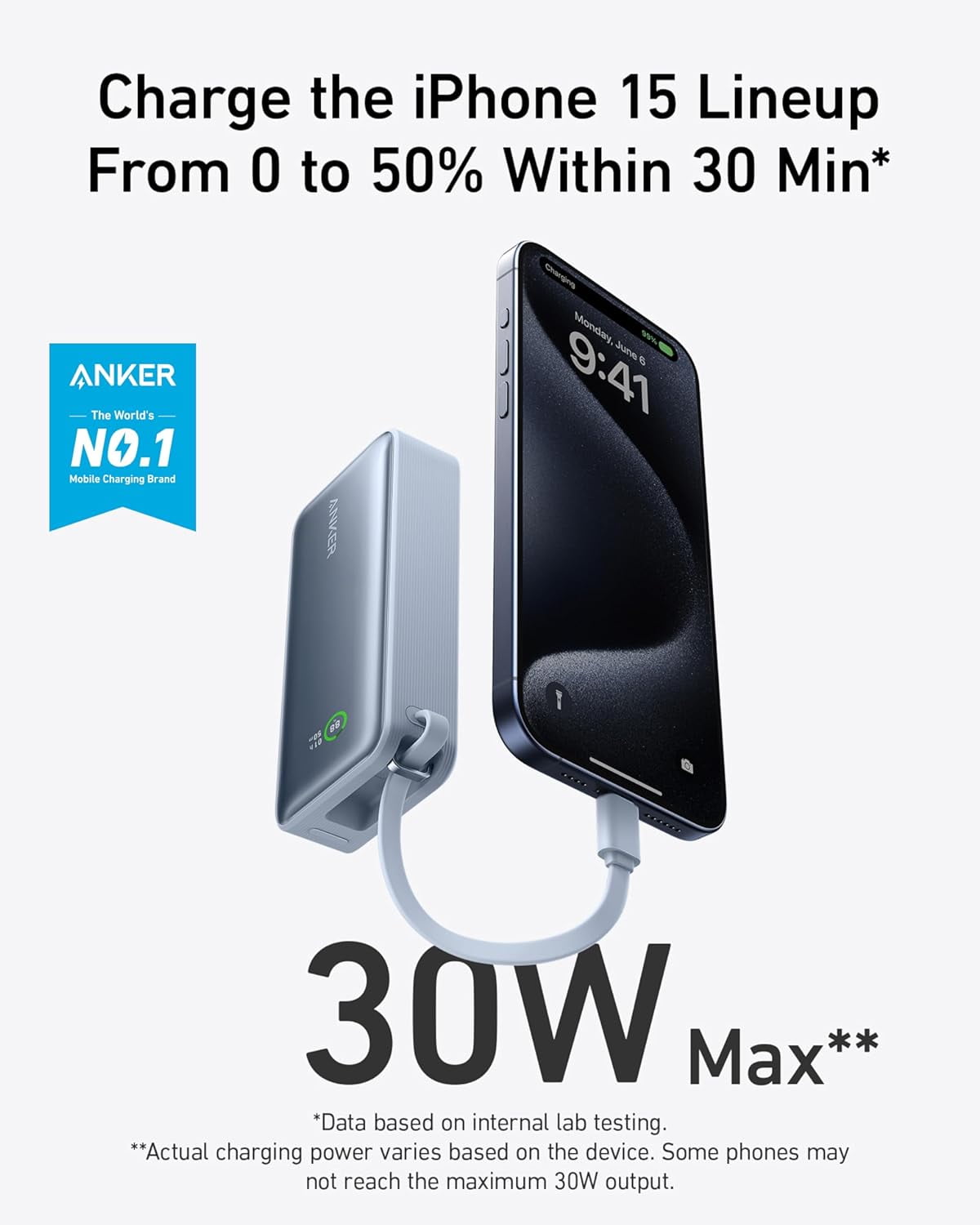 "Anker Nano Power Bank, 10,000mAh, 30W Fast Charging, Built-in USB-C Cable,  Compact 4.09""x2.06""x1.02" - Walmart.com