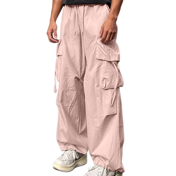 LEKWK Men's Baggy Cargo Pants Y2K Parachute Trousers Loose Fit Streetwear Techwear Pants Elastic Waist with Drawstring Multi-Pockets Casual Hip Hop Bottoms Pink XXS