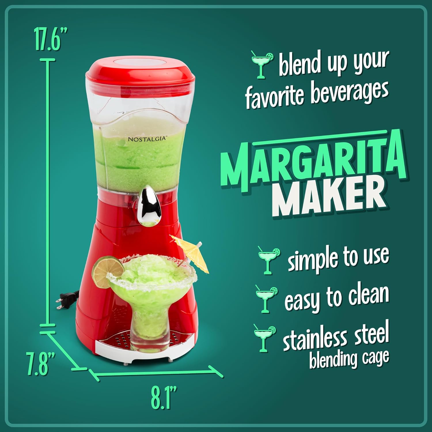 Nostalgia Margarita Machine 64-Oz Slushie Machine & Drink Blender for Smoothies, Red - image 2 of 5
