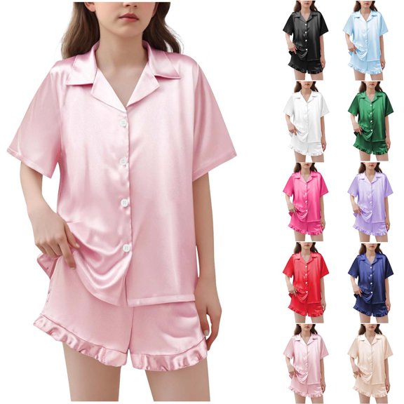 Antinious Toddler Solid Collared Short Sleeve Satin Button Cardigan Loose Loungewear Outfit