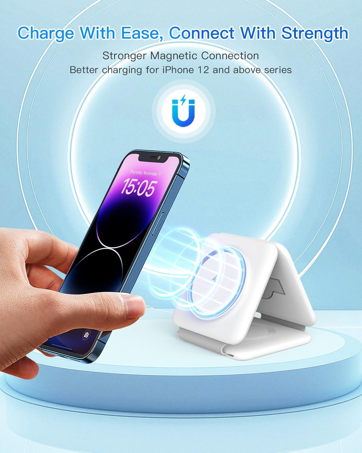 ETEPEHI Magnetic Wireless Charger Compatible for iPhone: Fodable 3 in 1 Charging Station Compatible for 17 16 15 14 13 12 Pro Max Plus & Airpod, Travel Essentials