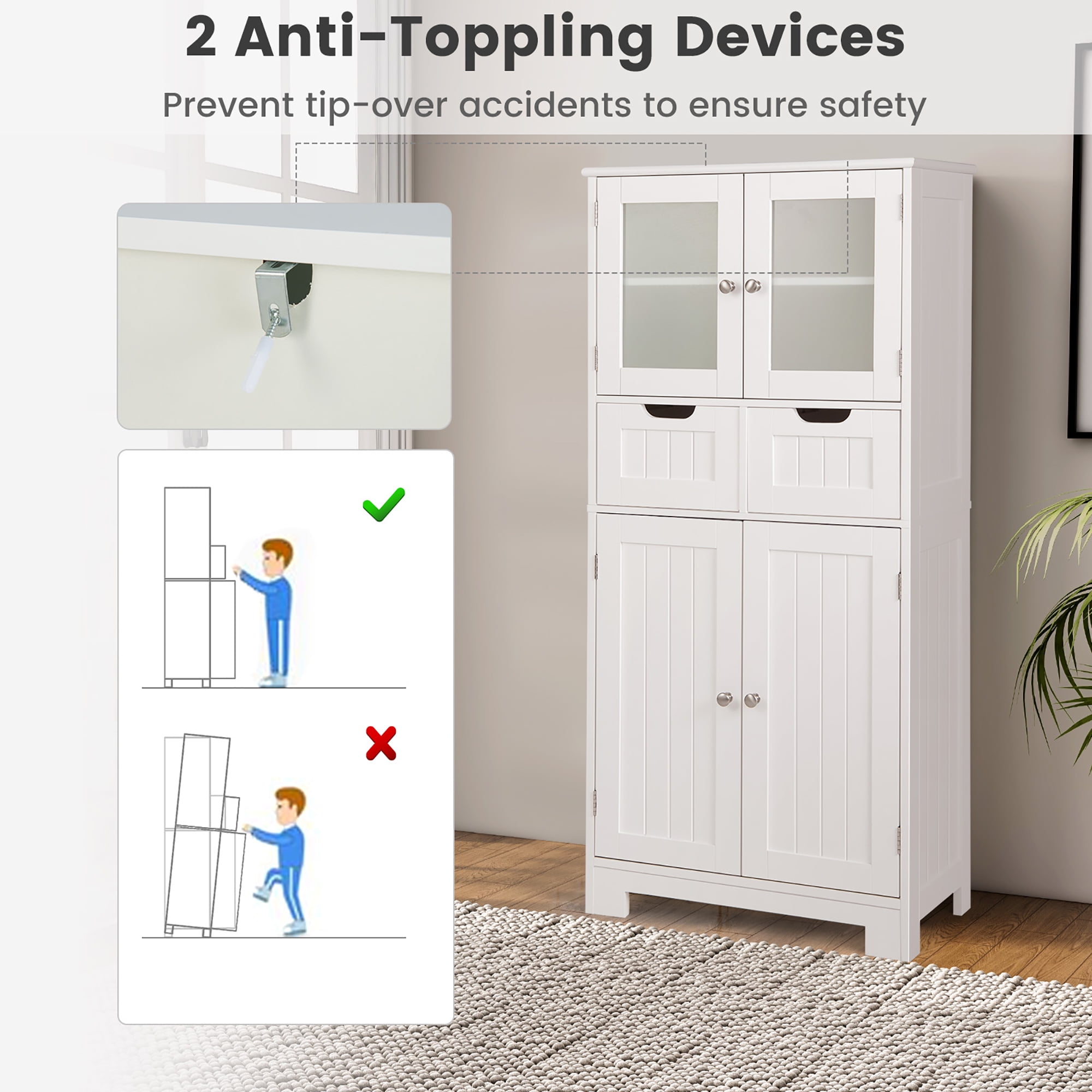 Costway Bathroom Floor Storage Cabinet Kitchen Cupboard with 2 Drawers & Glass Doors White