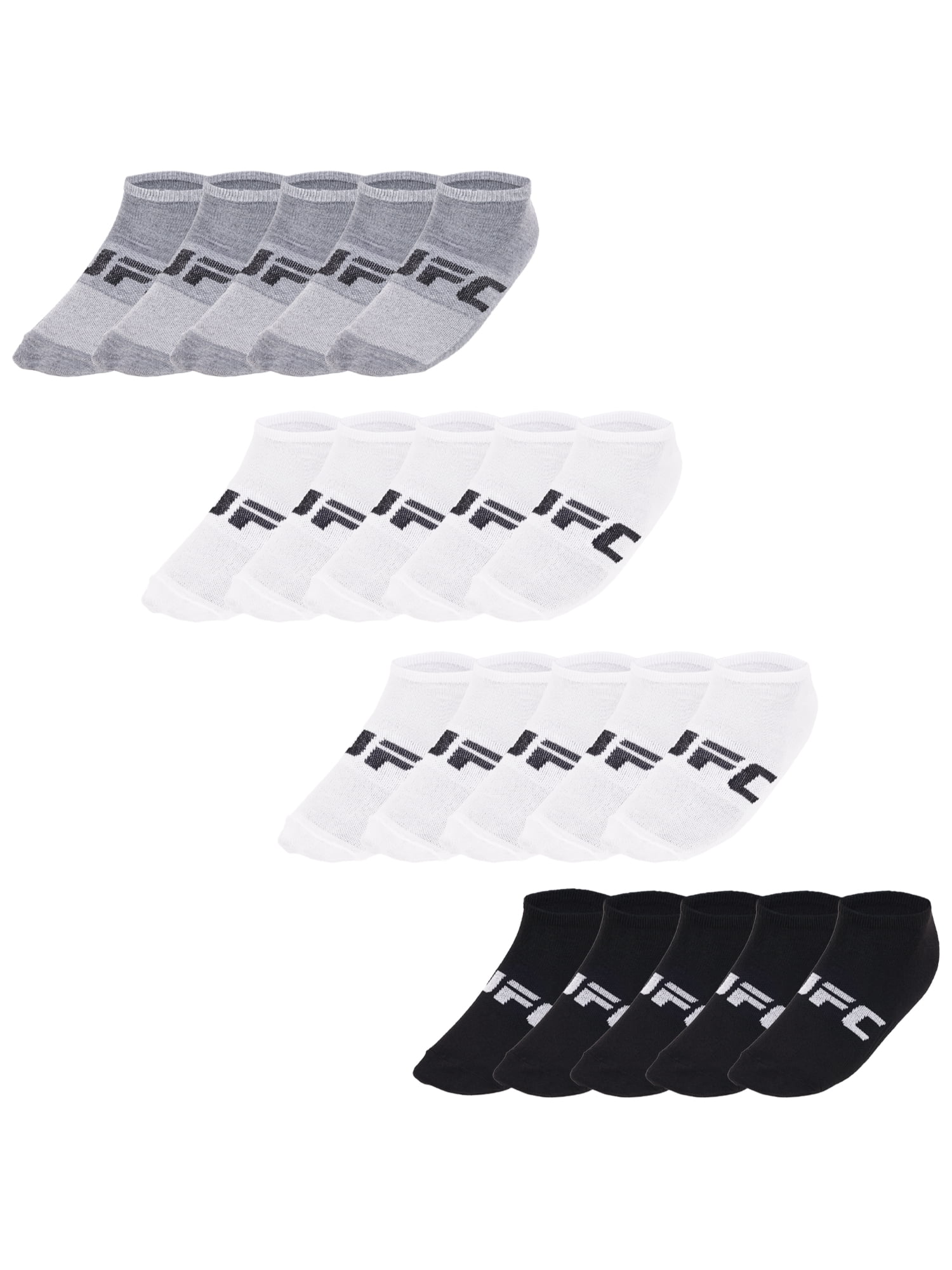 UFC 20 Pair Men's Lightweight No Show Socks with Arch Logo, Blk/Wht/Grey