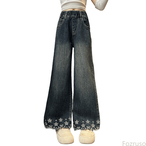 Fozruso Stretch Pants for Girls Baggy Jeans Girls Wide Leg Elastic Waist And Multiple Pockets Cargo Pants Trousers Jeans Denim Pants For Sizes 5-6 Years