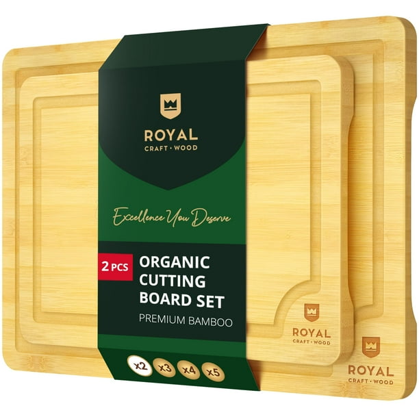 ROYAL CRAFT WOOD Tablas de servir de madera para comida y corte de cocina, juego de tablas de cortar de bambú con asas laterales con ranura para jugo, bloque de carnicero y charcutería para regalo de