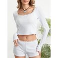 thumbnail image 2 of Argulvti Womens Two Piece Pajamas Loungewear Cotton Long Sleeve Lace Trim Crop Tops and Shorts Set, 2 of 6