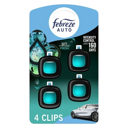 Febreze AUTO Car Air Freshener, Odor-Fighting Car Vent Clip, Unstopables Fresh, 4 Count