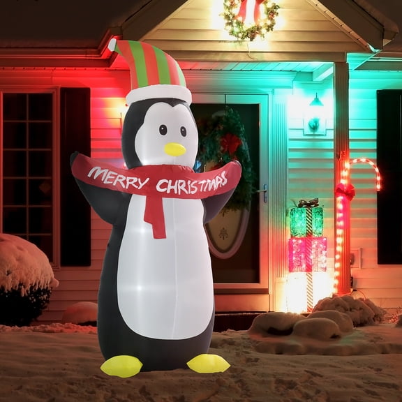 HOMCOM 8ft Inflatable Penguin Holding Merry Christmas Banner Decoration with LED