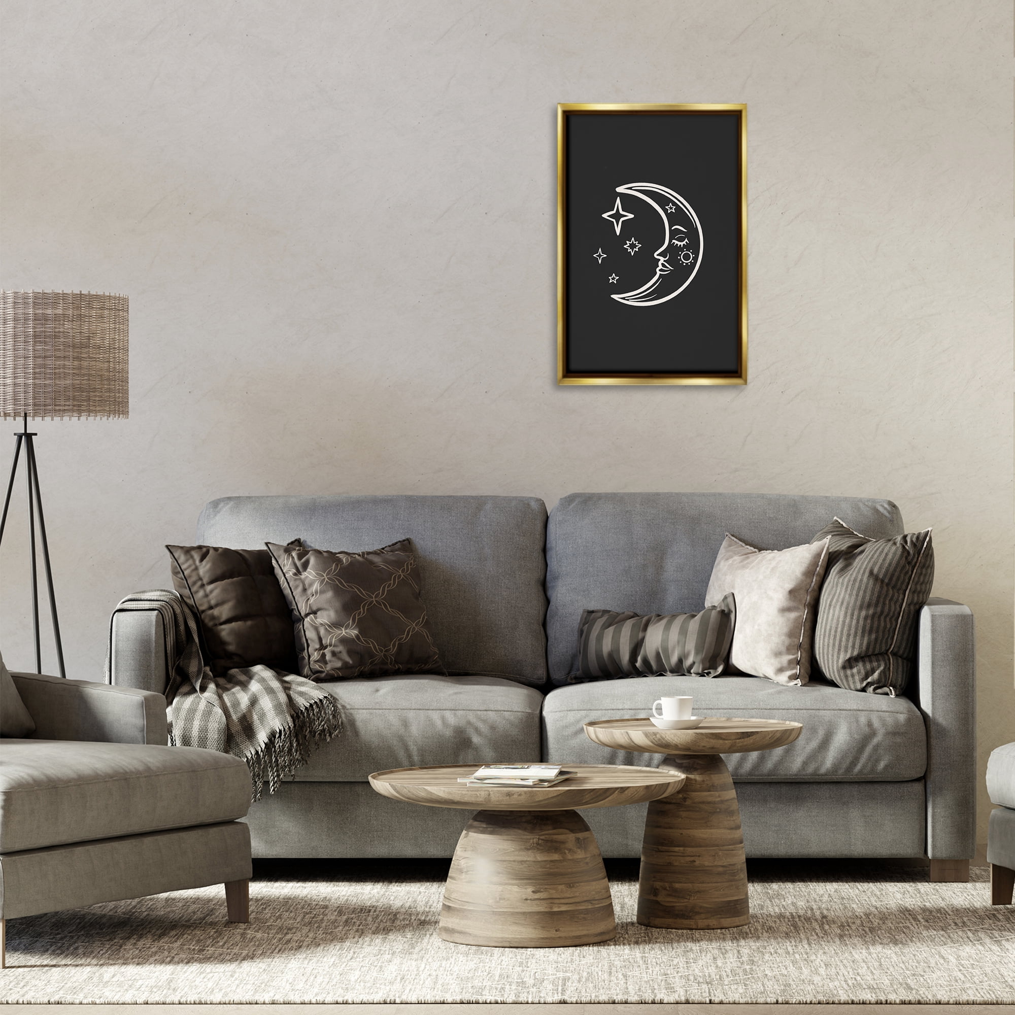 Stupell Industries Moon & Stars on Black Astrology & Stars Painting Gold Floater Framed Canvas Art Print Wall Art, 17 x 25