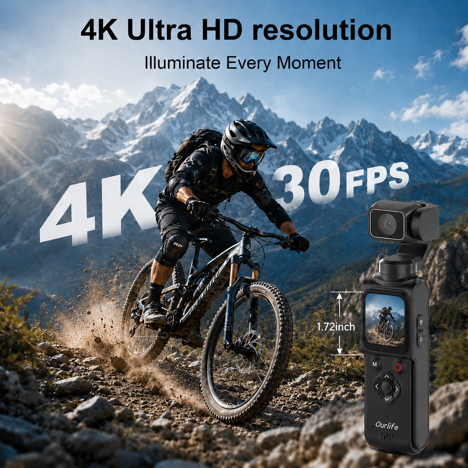 Ourlife 4K Digital Camera with 330° Rotating Gimbal, 1.72" Touch Screen, Face Tracking, 2400mAh Battery, 64GB Card, Pocket Camera for Vlogging