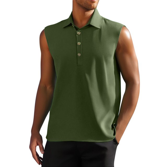 pstuiky Camiseta sin mangas para hombre, Chaleco informal sin mangas con botones y cuello abatible para hombre, de color liso, para verano Camisas para hombres l
