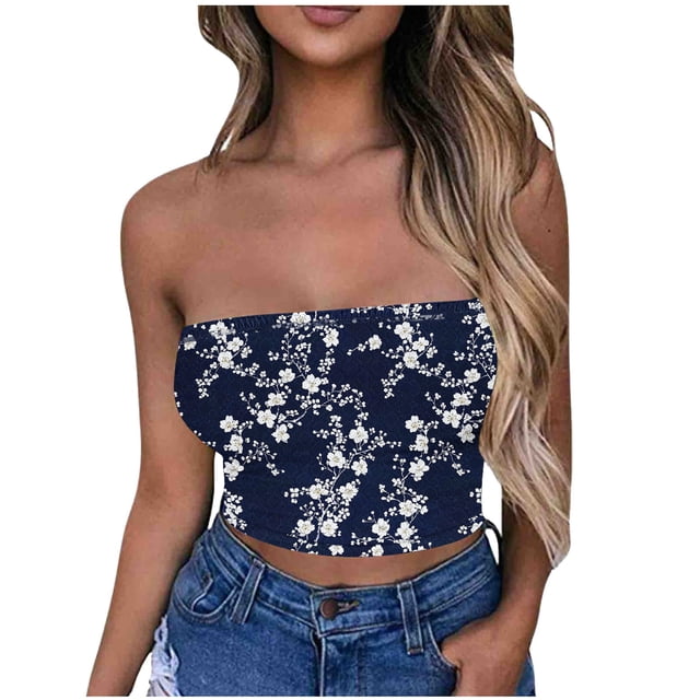 Tube Top for Women, Sleeveless Strapless Solid Color Polyester Top with Elastic Band, Regular Length, Blue L