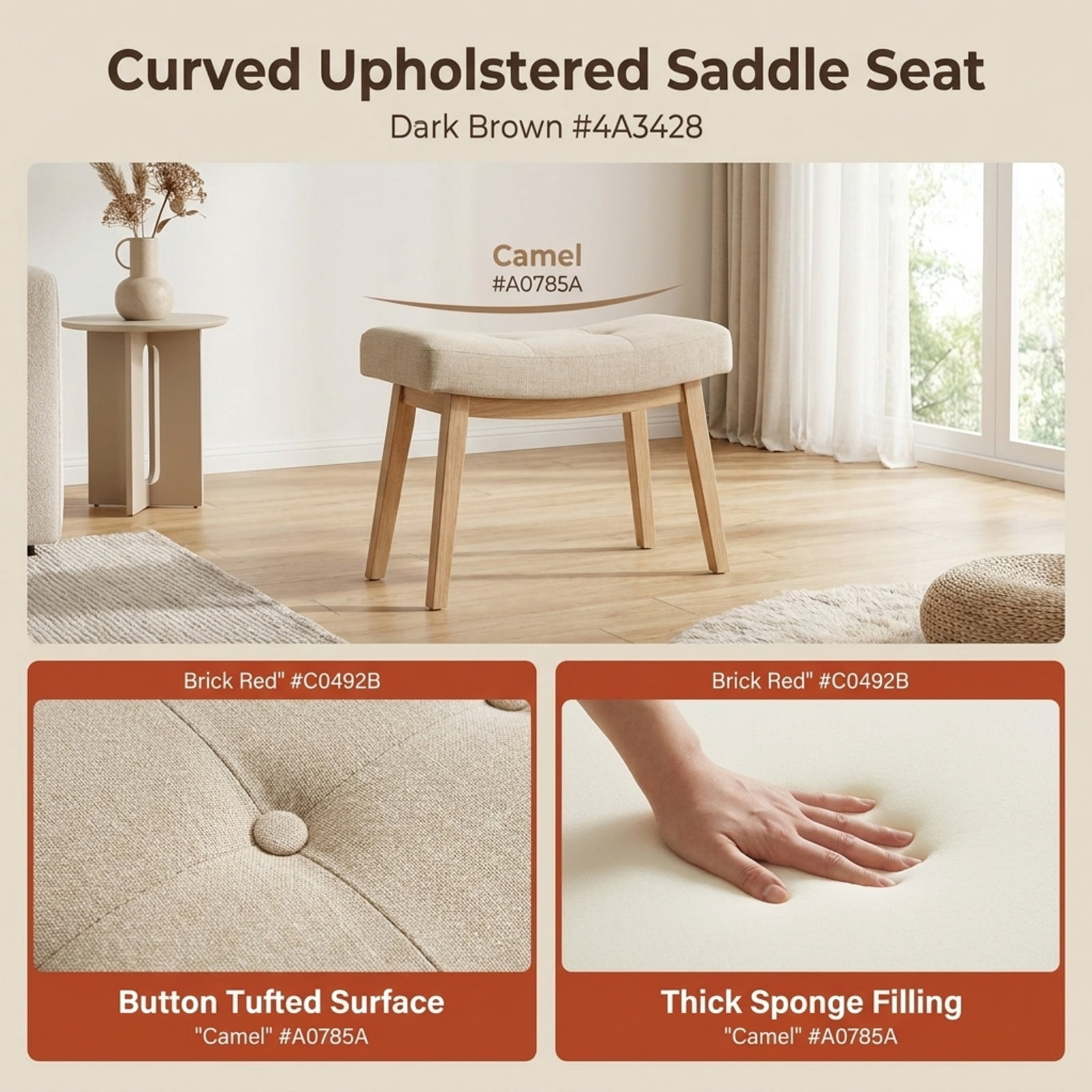 Furnibear Set of 2 Upholstered Counter Height Bar Stool with Curved Saddle Seat