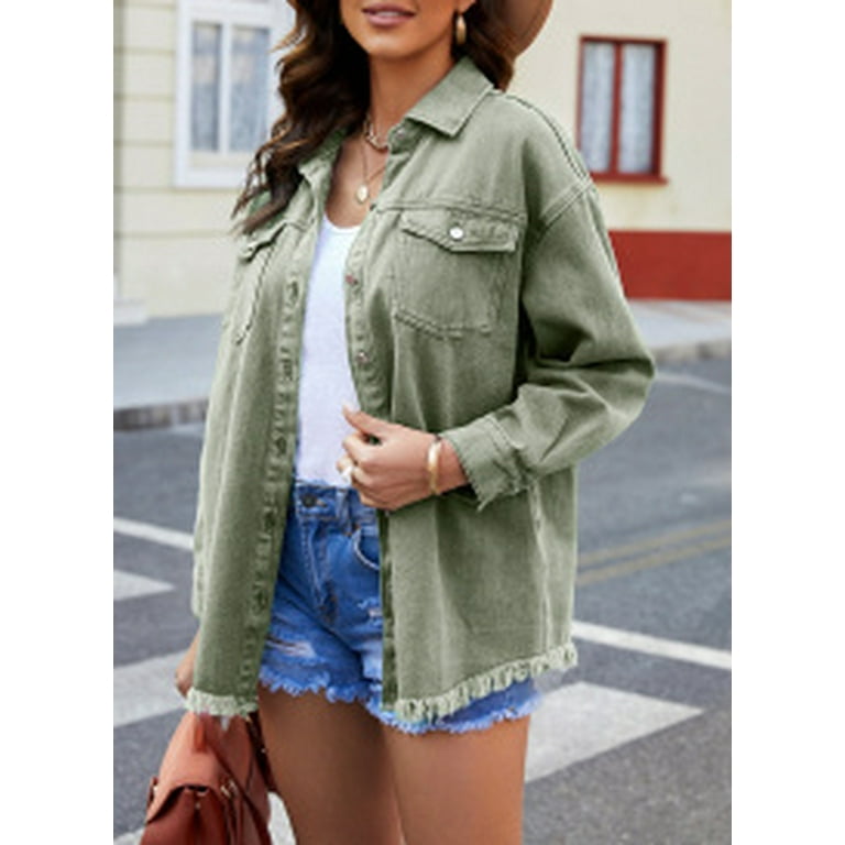 Eytino Women's Oversized Denim Jacket Casual Long Boyfriend Jean Jacket for  Autumn Spring Green L Female