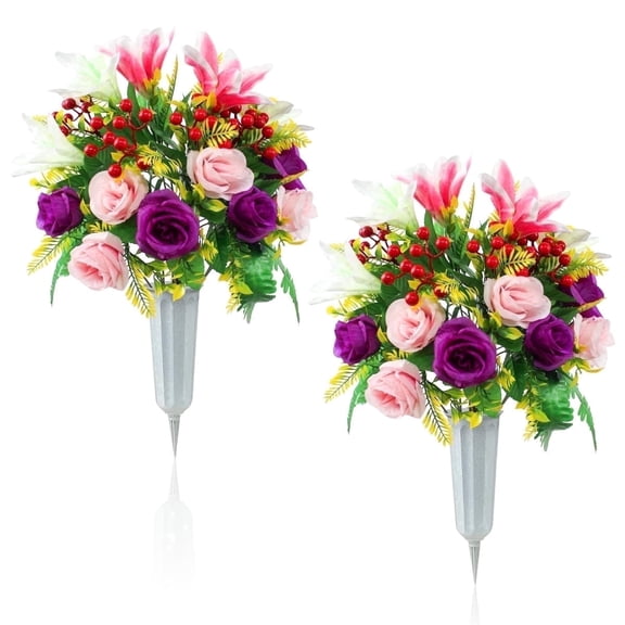 Kabuer Cemetery Flowers with Vase, Fake Rose Lily Bouquet Funeral Flowers for Cemetery Headstones Decor, Set of 2