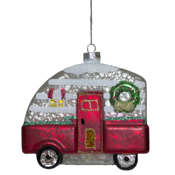 Christmas Camper Blown Glass Ornament With Glitter (Red)