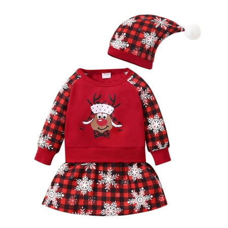 

Toddler Kids Girls Chiristmas Deer Prints Red Plaid Long Sleeves Dress Hat Outfit Set Cloths For 6-9 Months