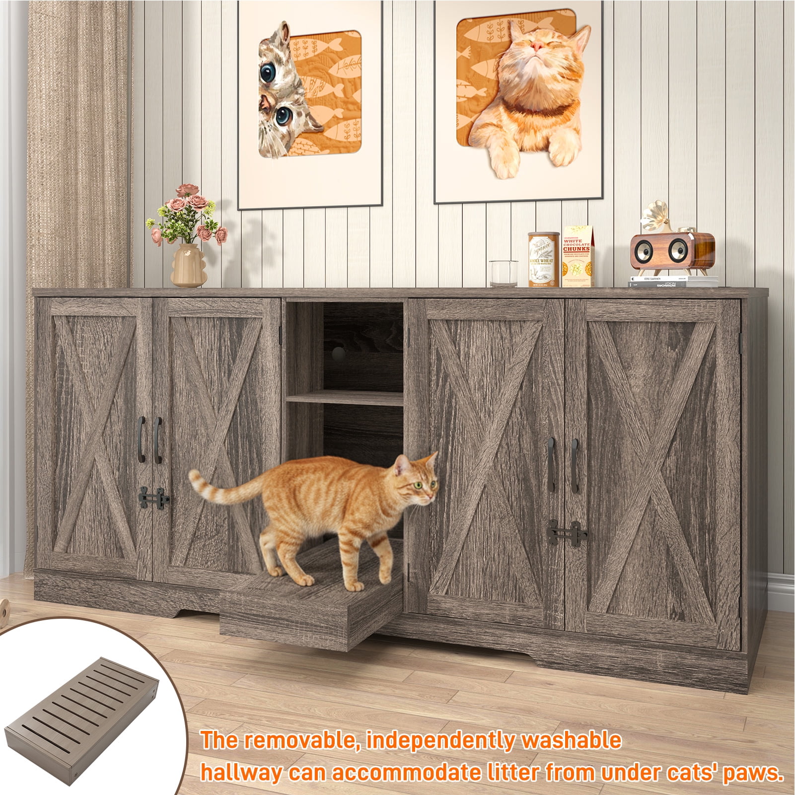 Blotout 77" Large Cat Litter Box Enclosure for 2 Cats with Power Outlets, Litter Box Furniture Hidden with Double Room, Wooden Cat Washroom Furniture with Lockable Door, Cats House, Grey