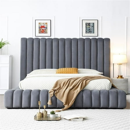 Pemberly Row Modern Velvet Upholstered King Platform Bed in Gray