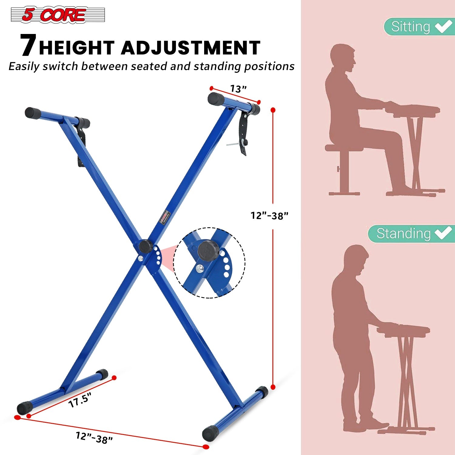5Core Piano Keyboard X Stand Electric Organ Rack Folding Metal Height Adjustable, Capacity of 110lbs - KS 1X BLU