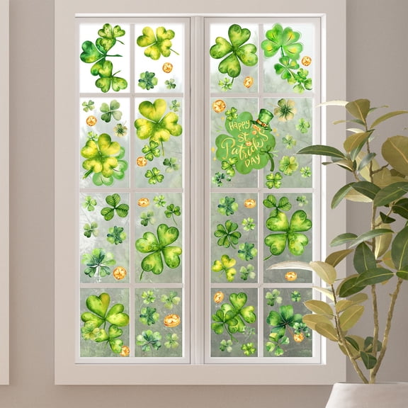 St. Patrick's Day Window Clings Decals - Removable Green Shamrock Stickers for Glass Doors, Mirrors, & Smooth Surfaces, Festive Holiday Decor