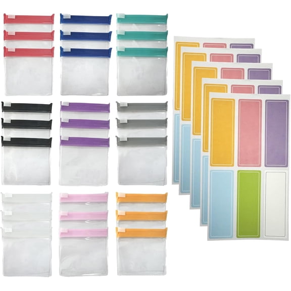 27 Pcs Zippered Pouch Bags with Labels Set, Small Portable Travel Pill Bags for Pills, Small Items Storage (9 Colors)