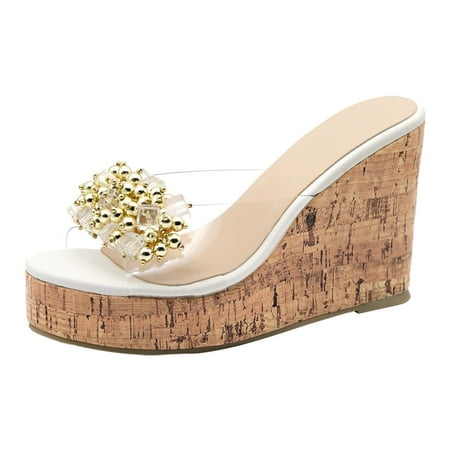 OJSFQUFP Women Shoes Casual Female Sexy Transparent Rhinestone Thick Bottom Water Proof Platform Slope with High Heels Sandals Slippers Wide Slippers for Women White 39
