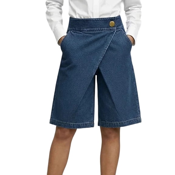 Women's High Waisted Denim Skorts, Asymmetric Wrap Front Jean Shorts with Button, Wide Leg Bermuda Shorts with Pockets